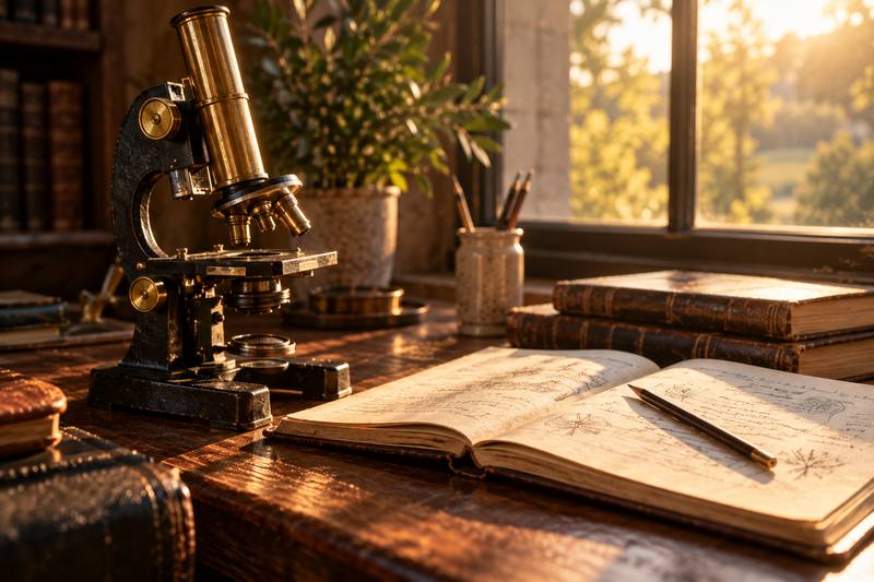 A vintage microscope beside an open research journal