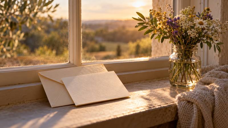 A hand placing a plain envelope on a wooden table in warm morning light